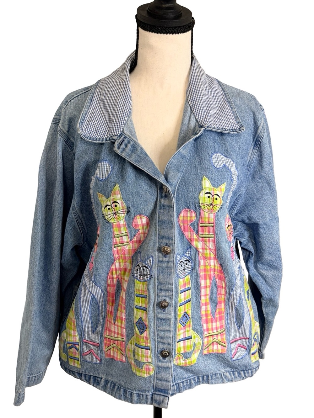 Vintage Tantrums Cat Appliqué Denim Jacket Large Artsy Quilted Patchwork - Picture 2 of 12